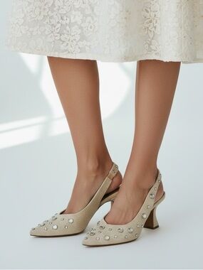 ASOS Design Beige Woven Slingback Heels With Rhinestones 8